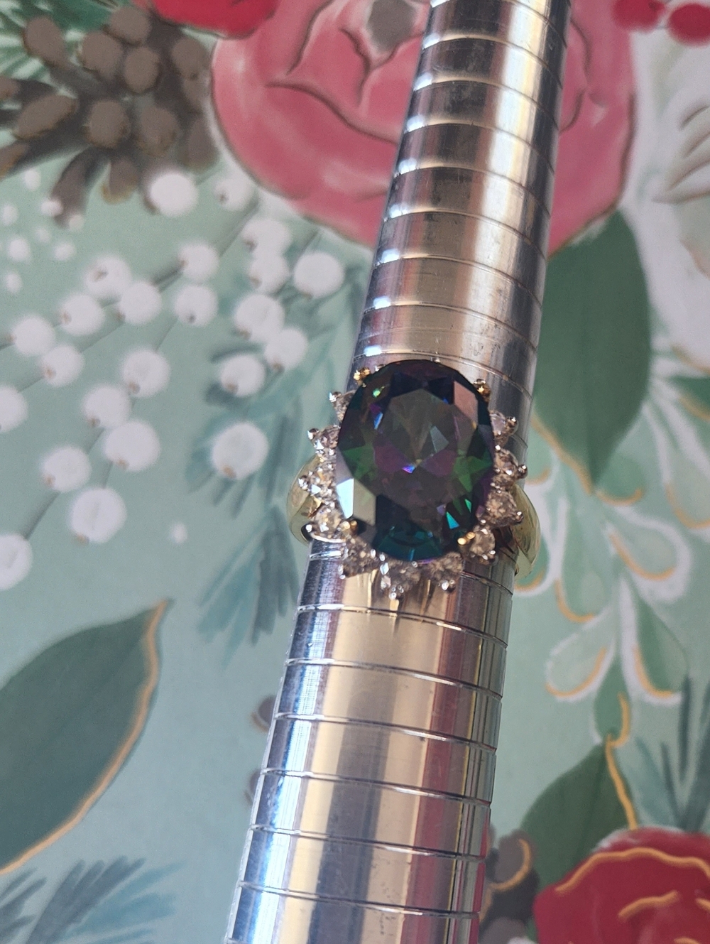 Mystic Topaz halo ring designed by Seta Jewelry